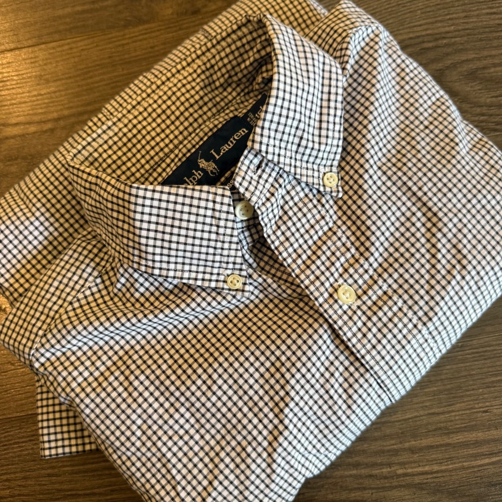 Ralph Lauren Mens Classic Fit Gingham Button Down Shirt Black White 15 M Cotton